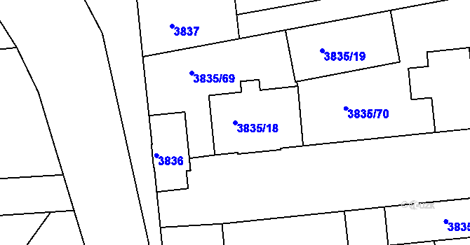Parcela st. 3835/18 v KÚ Modřany, Katastrální mapa