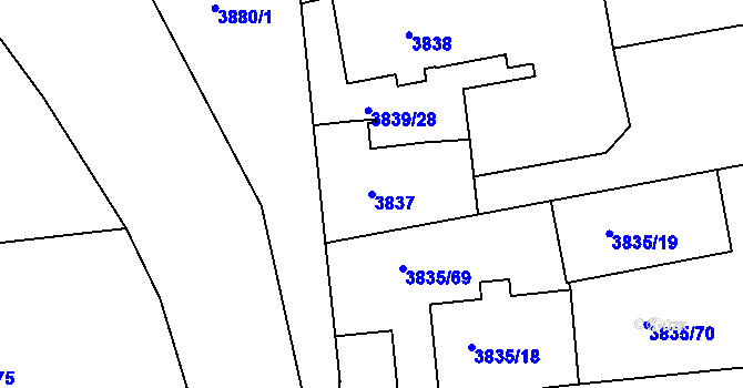Parcela st. 3837 v KÚ Modřany, Katastrální mapa