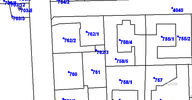 Parcela st. 762/3 v KÚ Modřany, Katastrální mapa