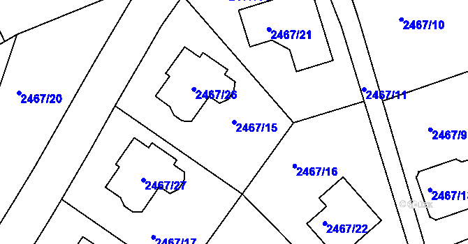 Parcela st. 2467/15 v KÚ Modřany, Katastrální mapa