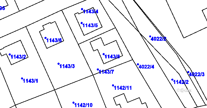 Parcela st. 1143/8 v KÚ Modřany, Katastrální mapa