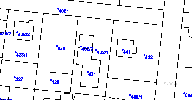 Parcela st. 432/1 v KÚ Modřany, Katastrální mapa