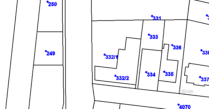 Parcela st. 332/1 v KÚ Modřany, Katastrální mapa