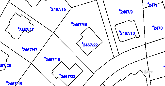 Parcela st. 2467/22 v KÚ Modřany, Katastrální mapa