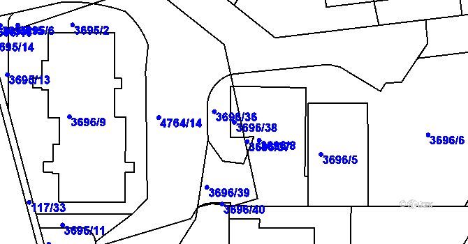 Parcela st. 3696/38 v KÚ Modřany, Katastrální mapa