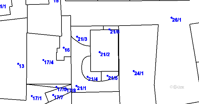 Parcela st. 21/2 v KÚ Modřany, Katastrální mapa