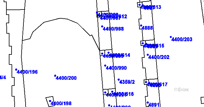 Parcela st. 4400/989 v KÚ Modřany, Katastrální mapa