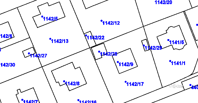 Parcela st. 1142/28 v KÚ Modřany, Katastrální mapa