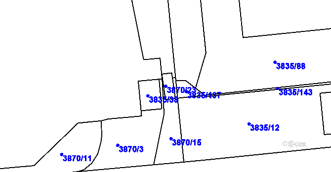 Parcela st. 3870/23 v KÚ Modřany, Katastrální mapa