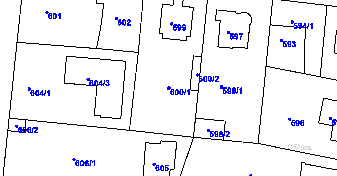Parcela st. 600/1 v KÚ Modřany, Katastrální mapa