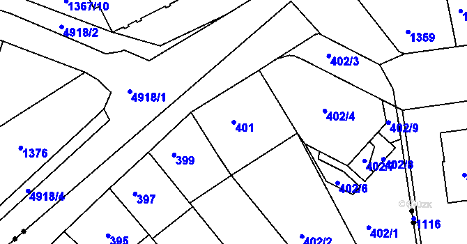 Parcela st. 401 v KÚ Radlice, Katastrální mapa
