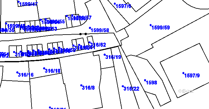 Parcela st. 316/19 v KÚ Radlice, Katastrální mapa