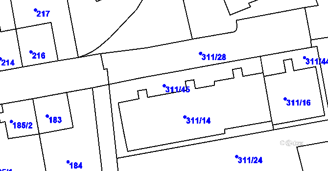 Parcela st. 311/45 v KÚ Radlice, Katastrální mapa