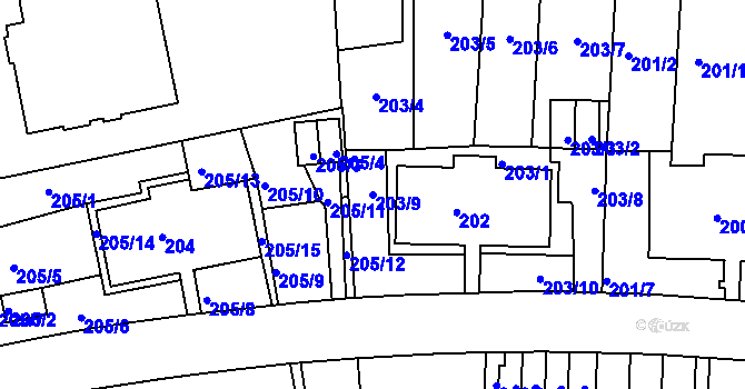 Parcela st. 203/9 v KÚ Košíře, Katastrální mapa