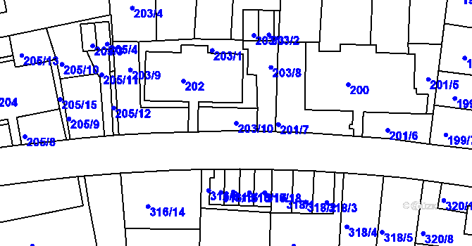 Parcela st. 203/10 v KÚ Košíře, Katastrální mapa