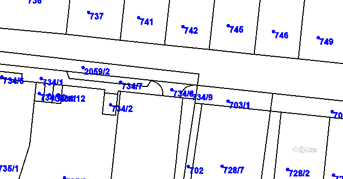 Parcela st. 734/8 v KÚ Košíře, Katastrální mapa