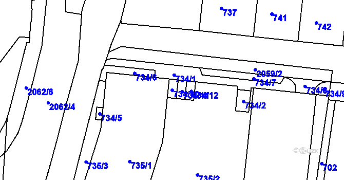 Parcela st. 734/10 v KÚ Košíře, Katastrální mapa