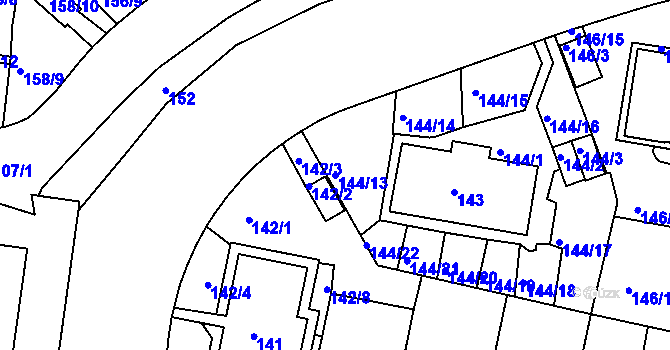 Parcela st. 144/13 v KÚ Košíře, Katastrální mapa