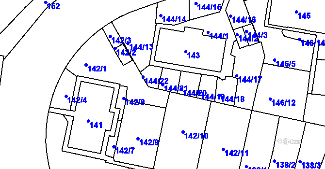 Parcela st. 144/21 v KÚ Košíře, Katastrální mapa