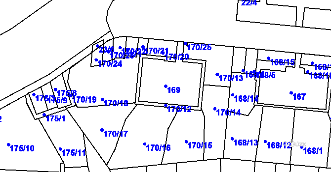 Parcela st. 169 v KÚ Košíře, Katastrální mapa