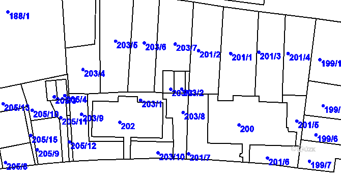 Parcela st. 203/3 v KÚ Košíře, Katastrální mapa