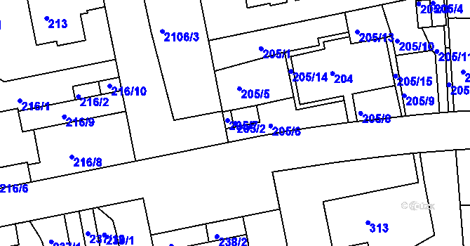 Parcela st. 205/2 v KÚ Košíře, Katastrální mapa