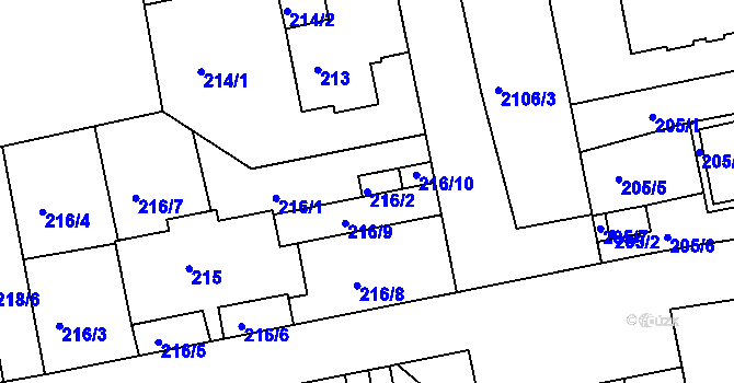 Parcela st. 216/2 v KÚ Košíře, Katastrální mapa