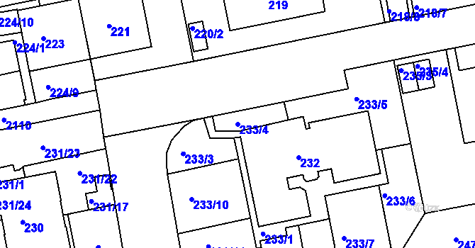Parcela st. 233/4 v KÚ Košíře, Katastrální mapa