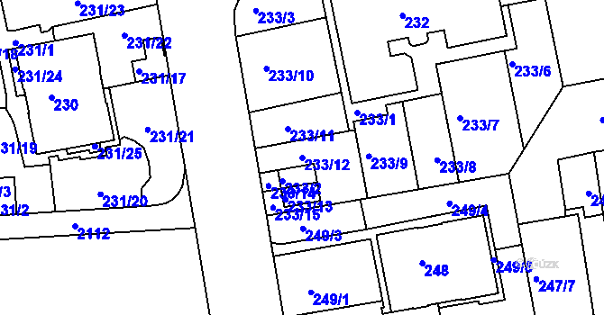Parcela st. 233/12 v KÚ Košíře, Katastrální mapa