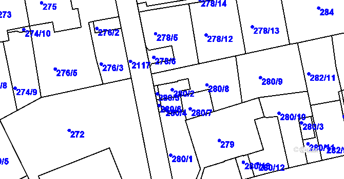 Parcela st. 280/2 v KÚ Košíře, Katastrální mapa