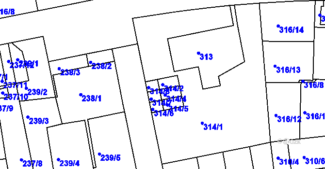 Parcela st. 314/2 v KÚ Košíře, Katastrální mapa
