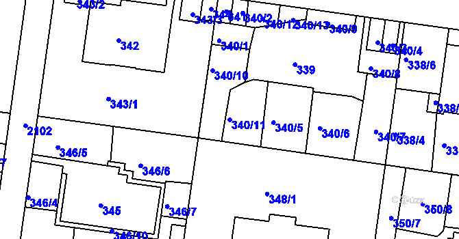 Parcela st. 340/11 v KÚ Košíře, Katastrální mapa