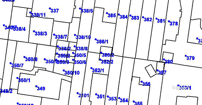 Parcela st. 386/2 v KÚ Košíře, Katastrální mapa