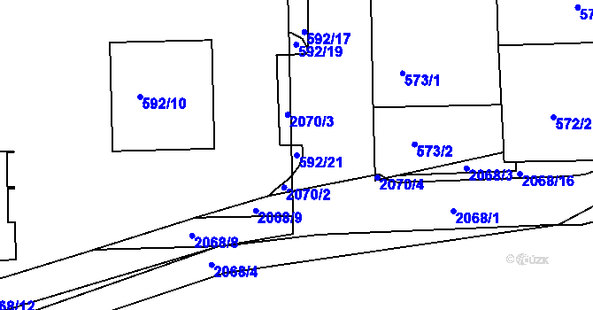 Parcela st. 592/21 v KÚ Košíře, Katastrální mapa