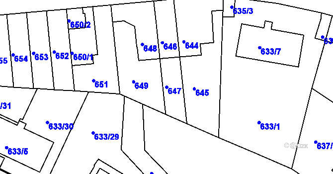 Parcela st. 647 v KÚ Košíře, Katastrální mapa