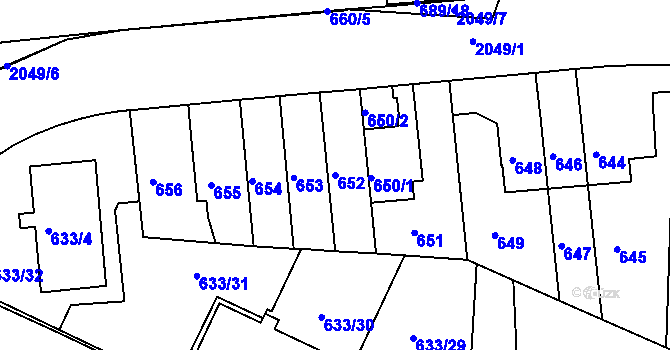 Parcela st. 652 v KÚ Košíře, Katastrální mapa