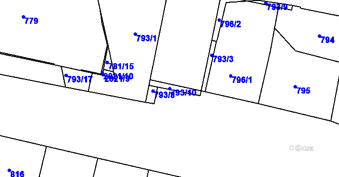 Parcela st. 793/10 v KÚ Košíře, Katastrální mapa