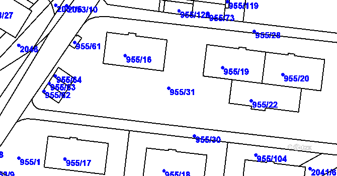Parcela st. 955/31 v KÚ Košíře, Katastrální mapa