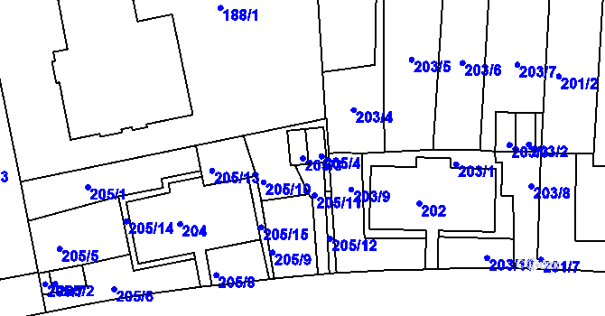 Parcela st. 205/3 v KÚ Košíře, Katastrální mapa
