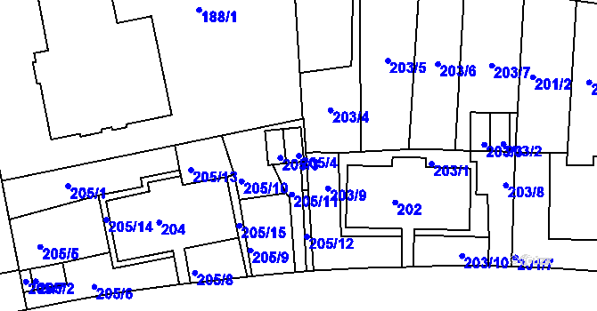 Parcela st. 205/4 v KÚ Košíře, Katastrální mapa