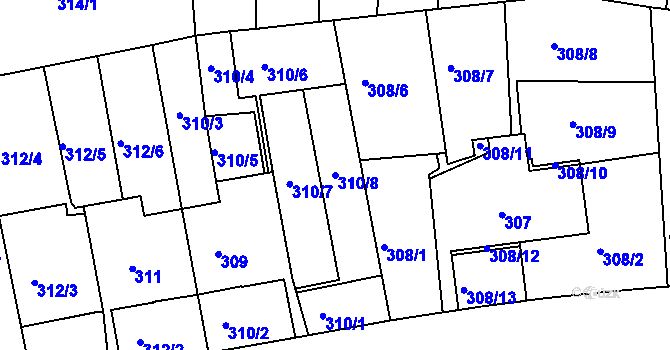 Parcela st. 310/8 v KÚ Košíře, Katastrální mapa