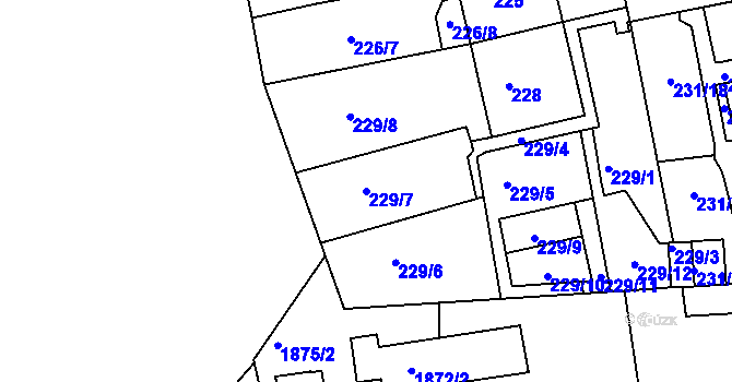 Parcela st. 229/7 v KÚ Košíře, Katastrální mapa