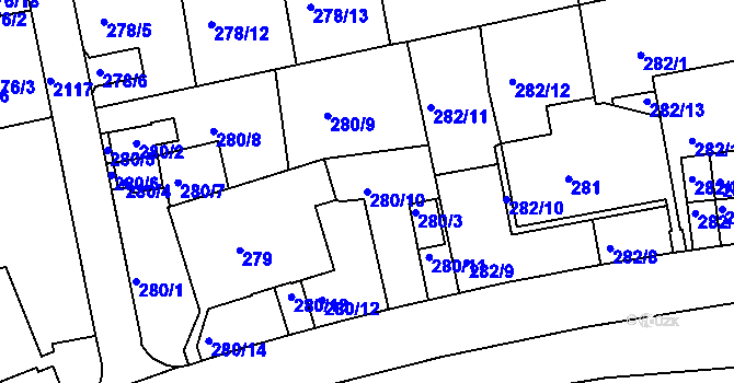 Parcela st. 280/10 v KÚ Košíře, Katastrální mapa