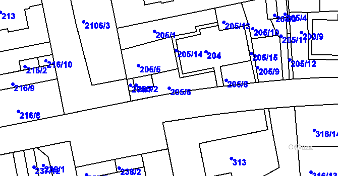 Parcela st. 205/6 v KÚ Košíře, Katastrální mapa