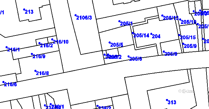 Parcela st. 205/7 v KÚ Košíře, Katastrální mapa
