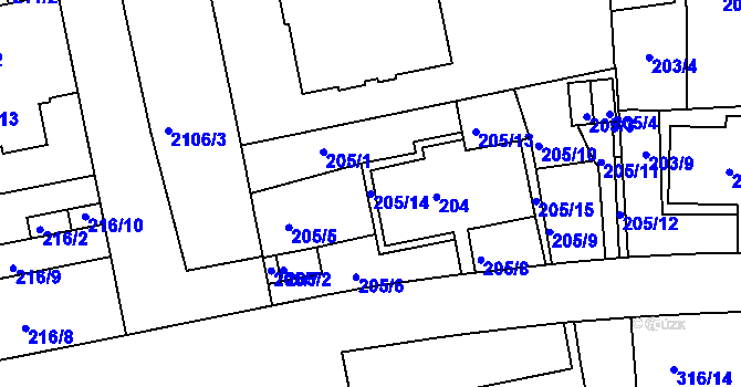 Parcela st. 205/14 v KÚ Košíře, Katastrální mapa