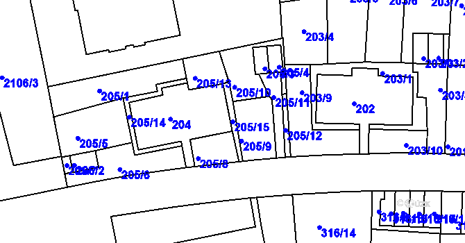 Parcela st. 205/15 v KÚ Košíře, Katastrální mapa