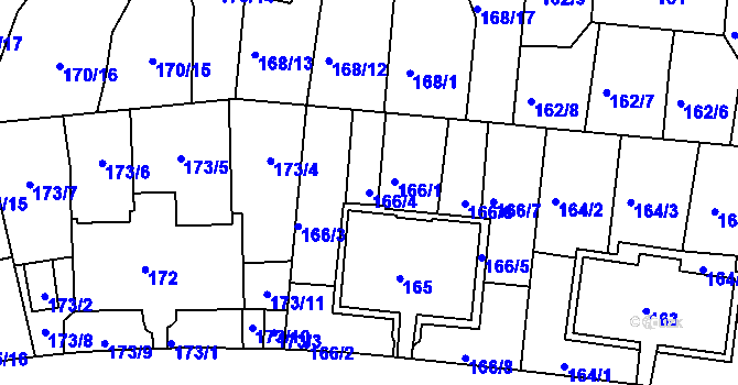 Parcela st. 166/4 v KÚ Košíře, Katastrální mapa