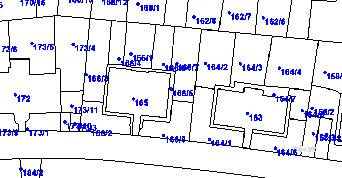 Parcela st. 166/5 v KÚ Košíře, Katastrální mapa
