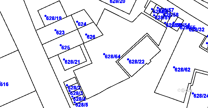 Parcela st. 628/64 v KÚ Košíře, Katastrální mapa